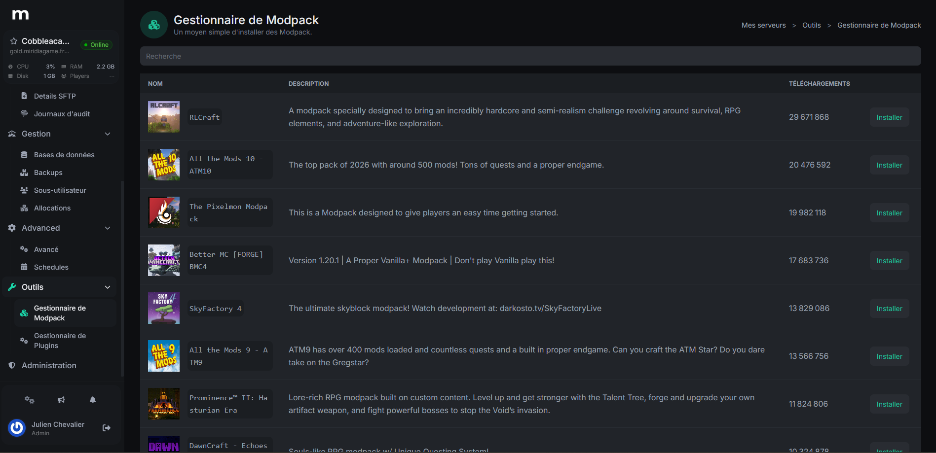 Gestionnaire de modpacks du panel Wisp