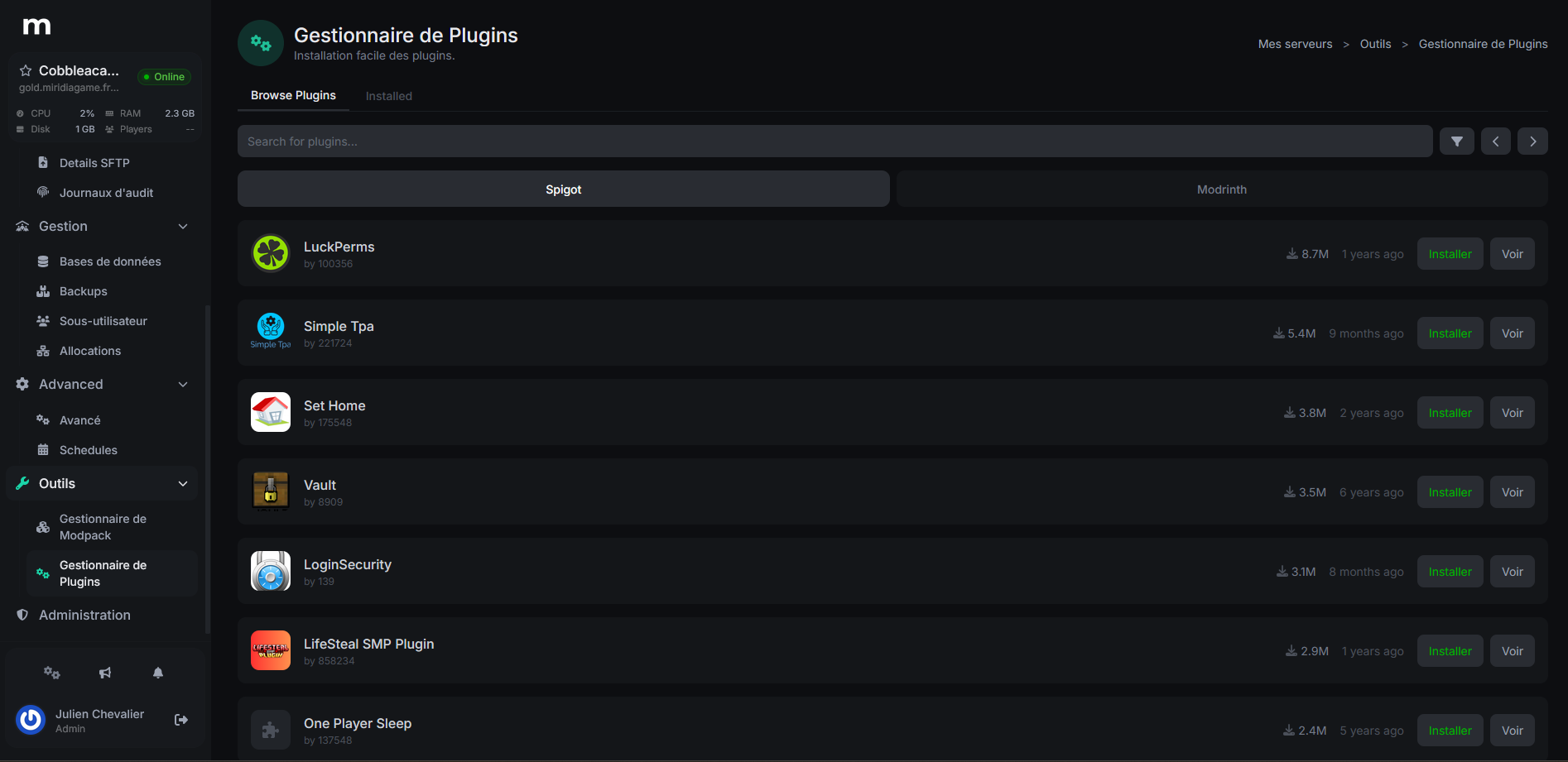 Gestionnaire de plugins du panel Wisp