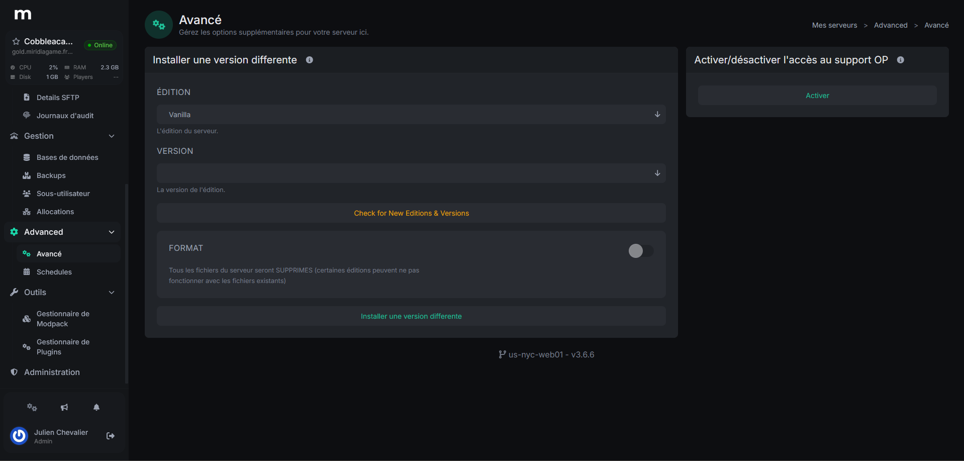 Changement de version depuis le panel Wisp